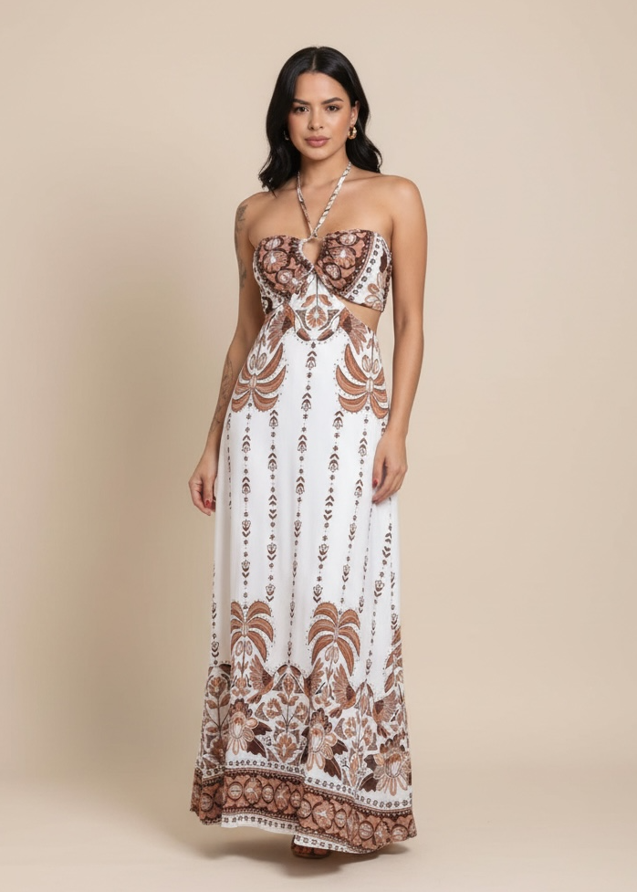 Vestido Longo Angra - Off-White/Marrom