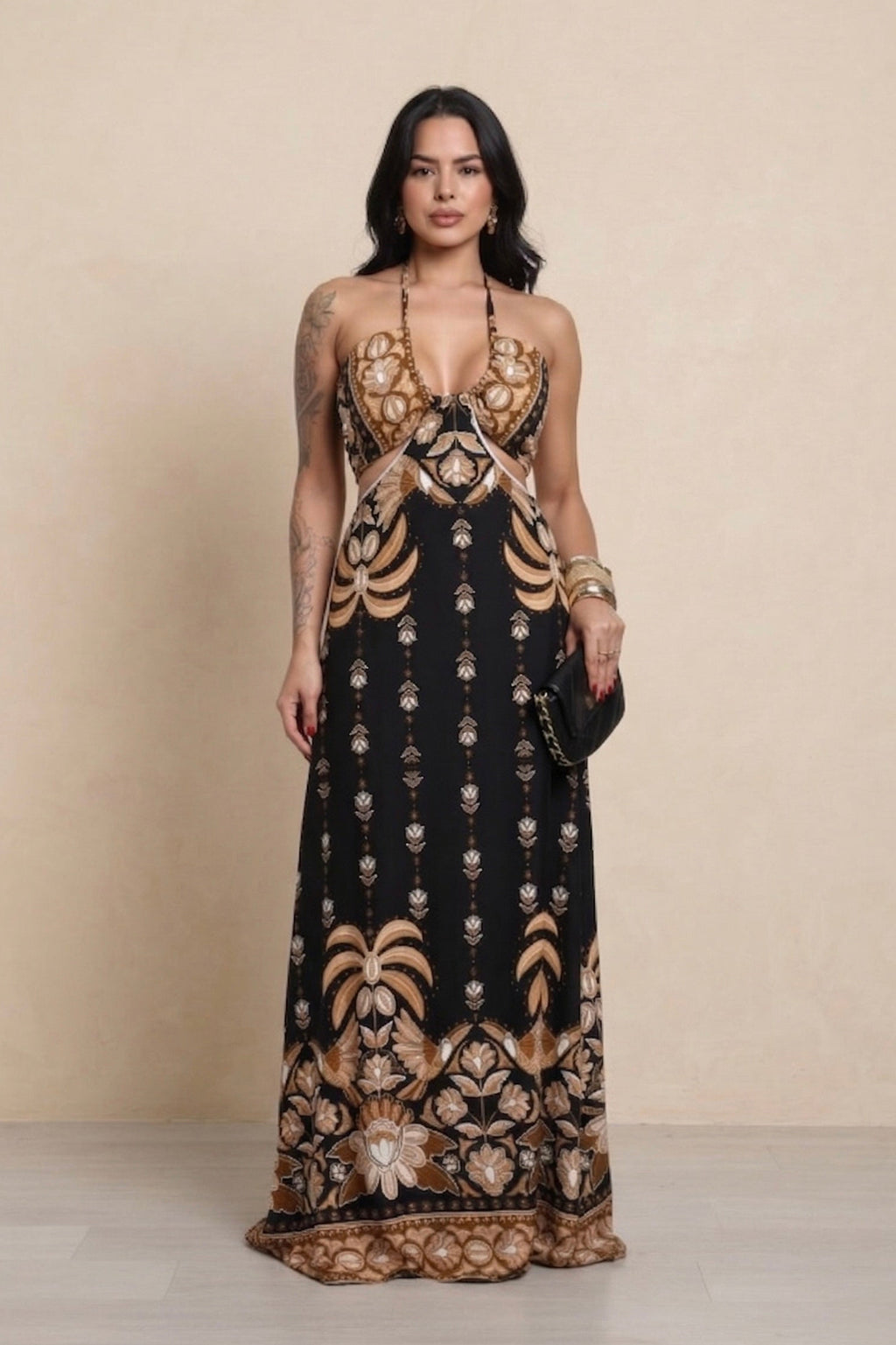 Vestido Longo Angra - Preto/Dourado