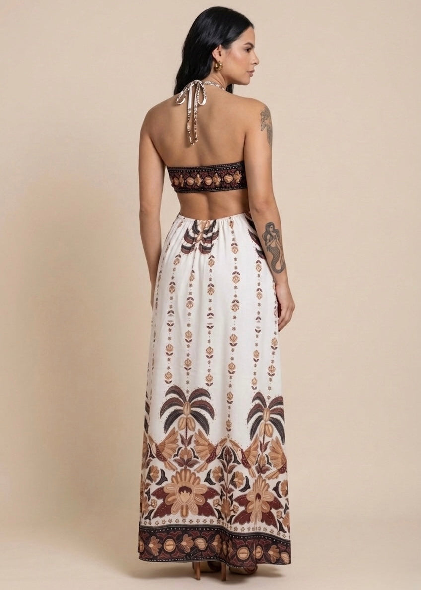 Vestido Longo Angra - Off-White/Marrom