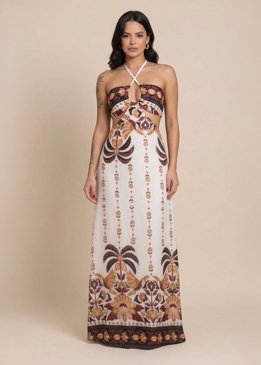 Vestido Longo Angra - Off-White/Marrom